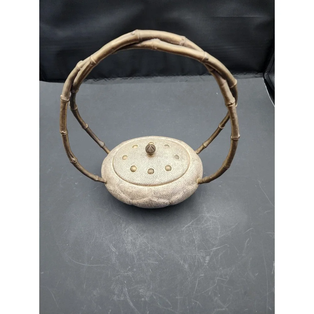 Castilian Porcelain Lidded Jar Sculpture Twisted Vine Design Brass Handle 10